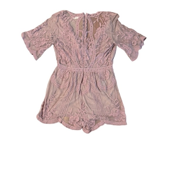 Honey Punch Boho Floral Embroidered Lace Romper One Piece Plunge V-Neck Pink L - Picture 2 of 12